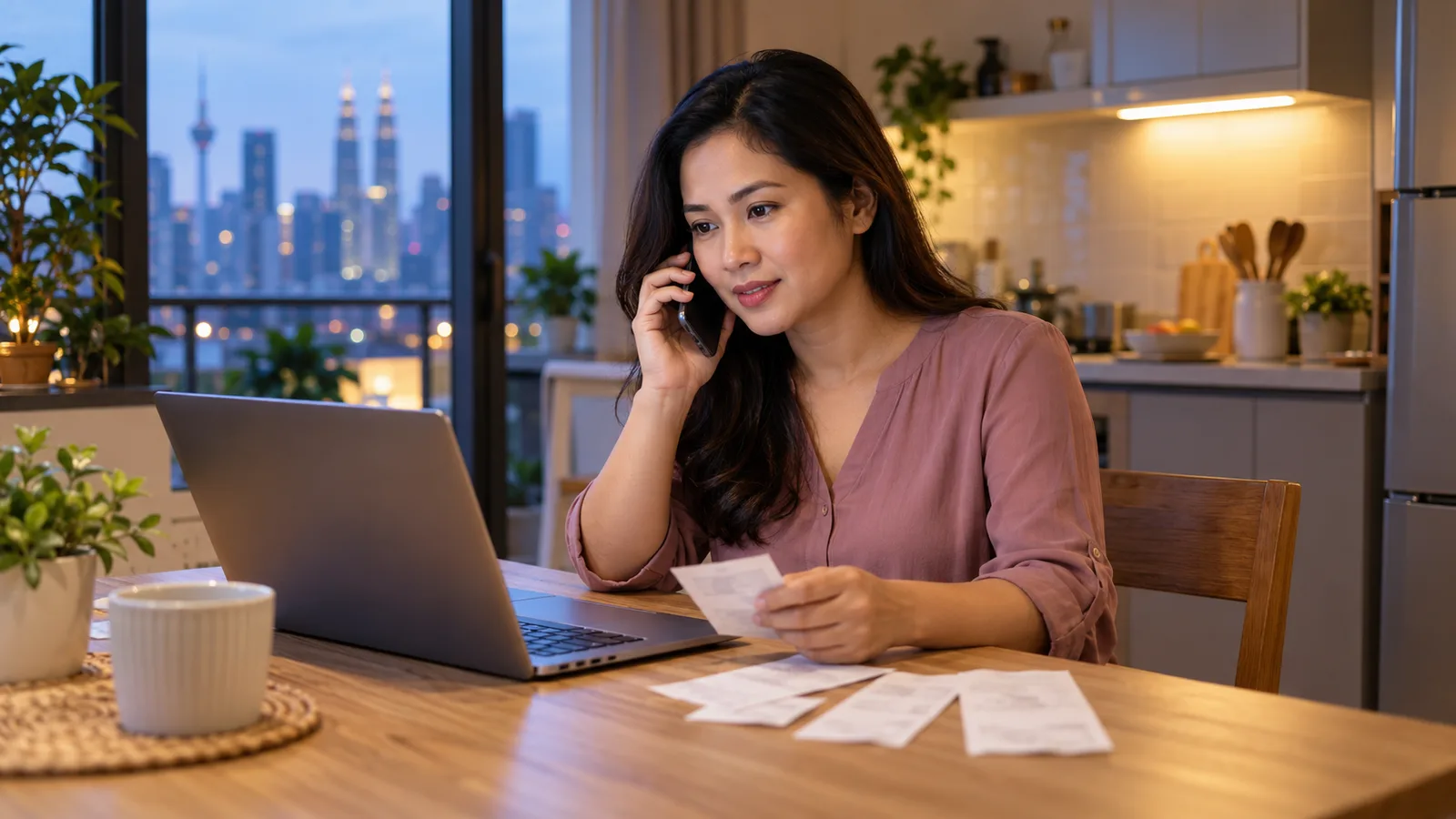 A Malaysian woman makes a phone call at her kitchen table, with a laptop and receipts in front of her.