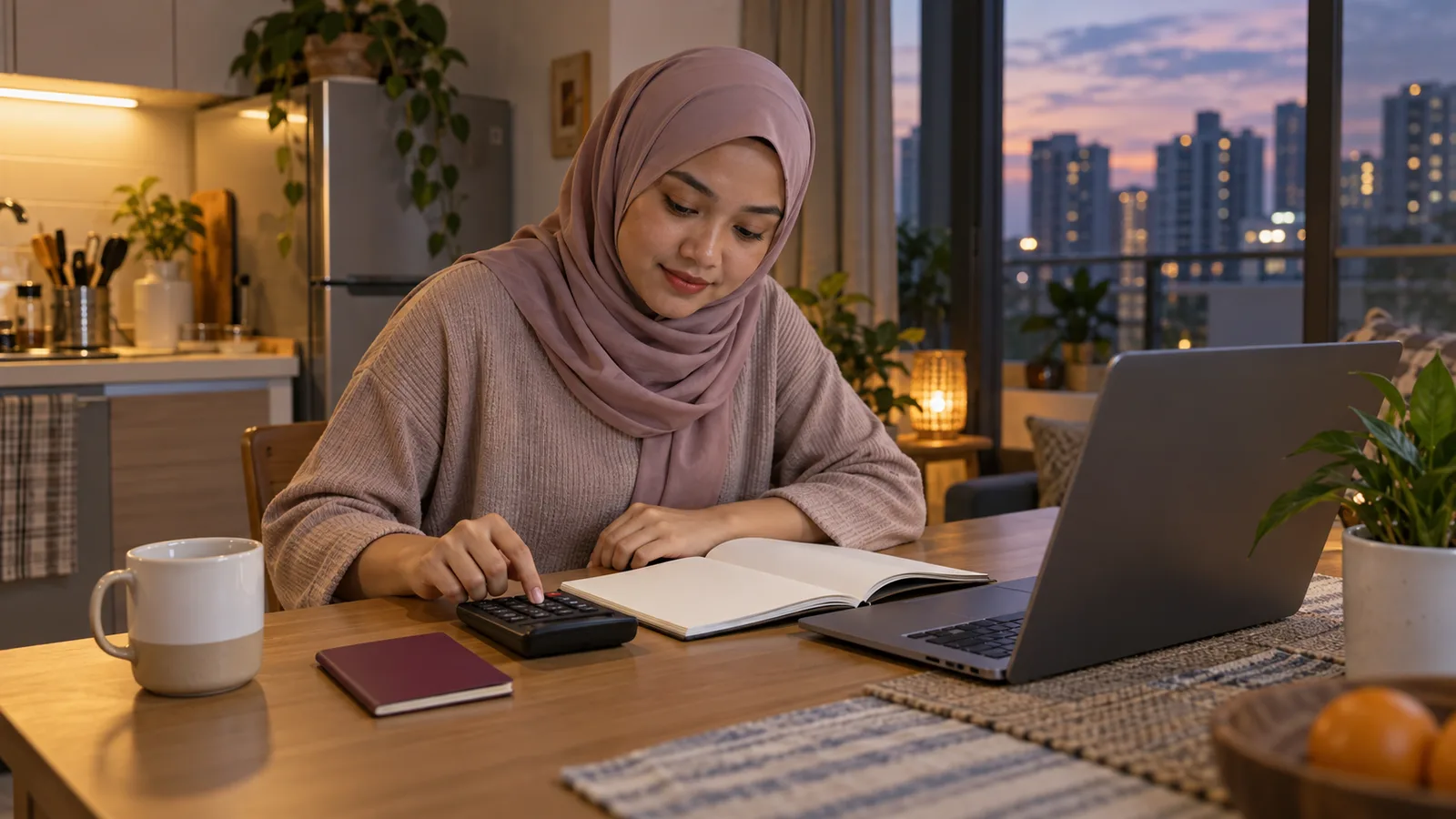 A young Malaysian woman plans her savings with a calculator and notebook at a kitchen table in Kuala Lumpur at dusk.