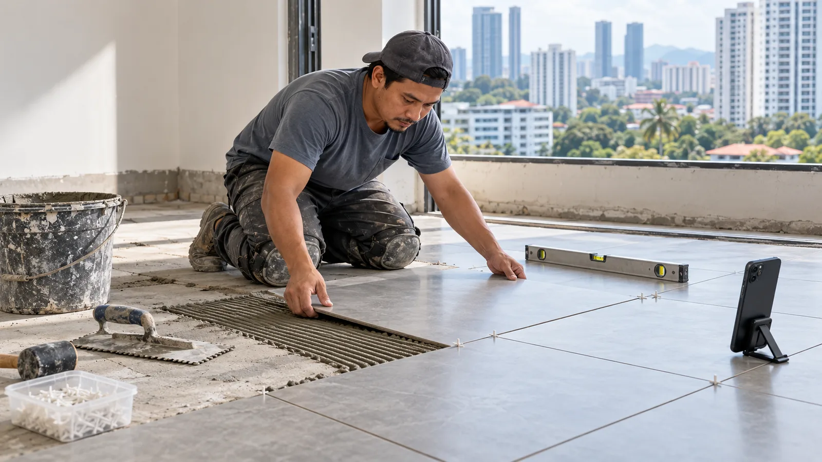 A Malaysian tiler lays grey porcelain tiles in a bright apartment with a spirit level and phone on a stand beside him.