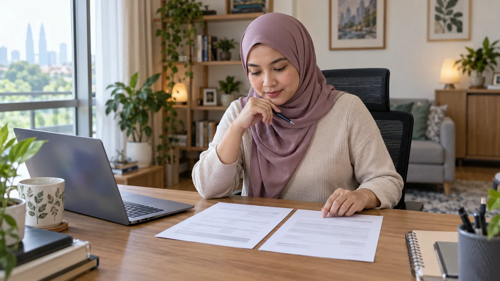A Malaysian professional compares two documents at a home desk beside an open laptop.