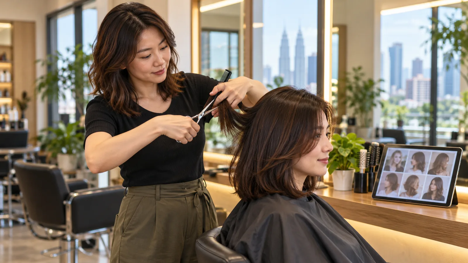 Malaysian hairdresser trimming a client's hair in a sunlit salon with a hairstyle portfolio on a tablet.