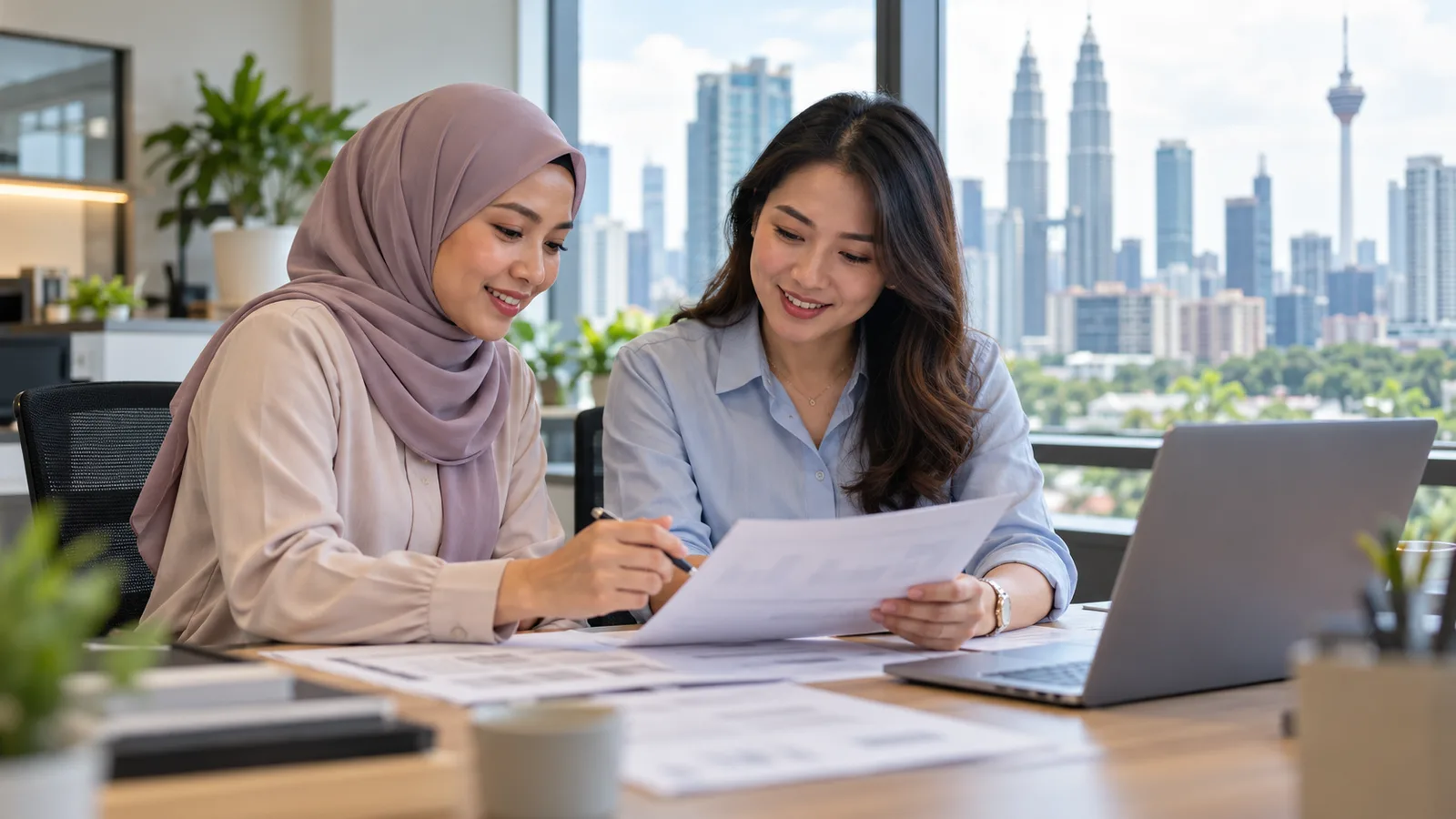 Two Malaysian accountants review financial statements beside a laptop in a bright Kuala Lumpur office.