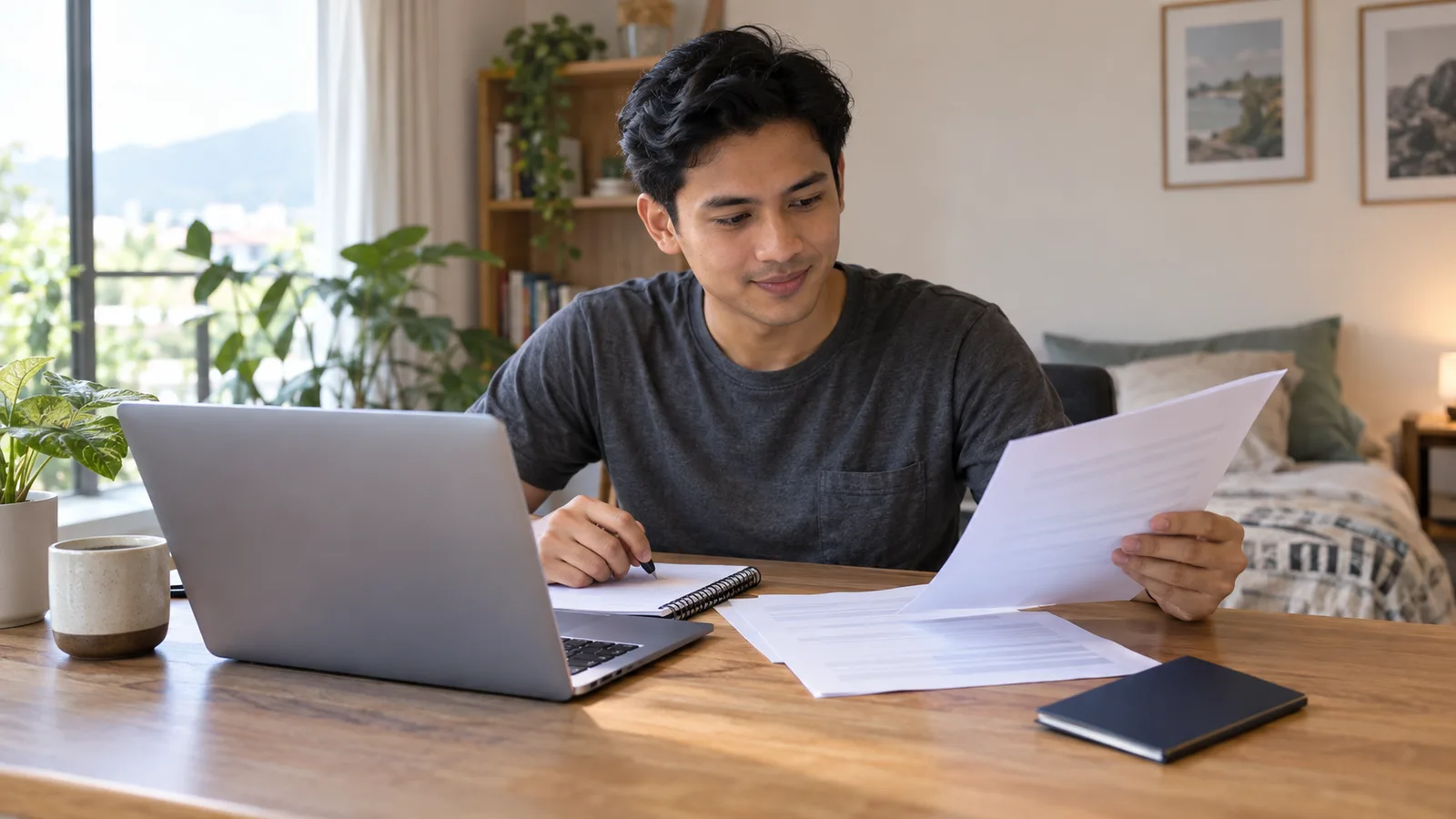 A young Malaysian man reviews visa paperwork beside a laptop at a sunlit desk at home.