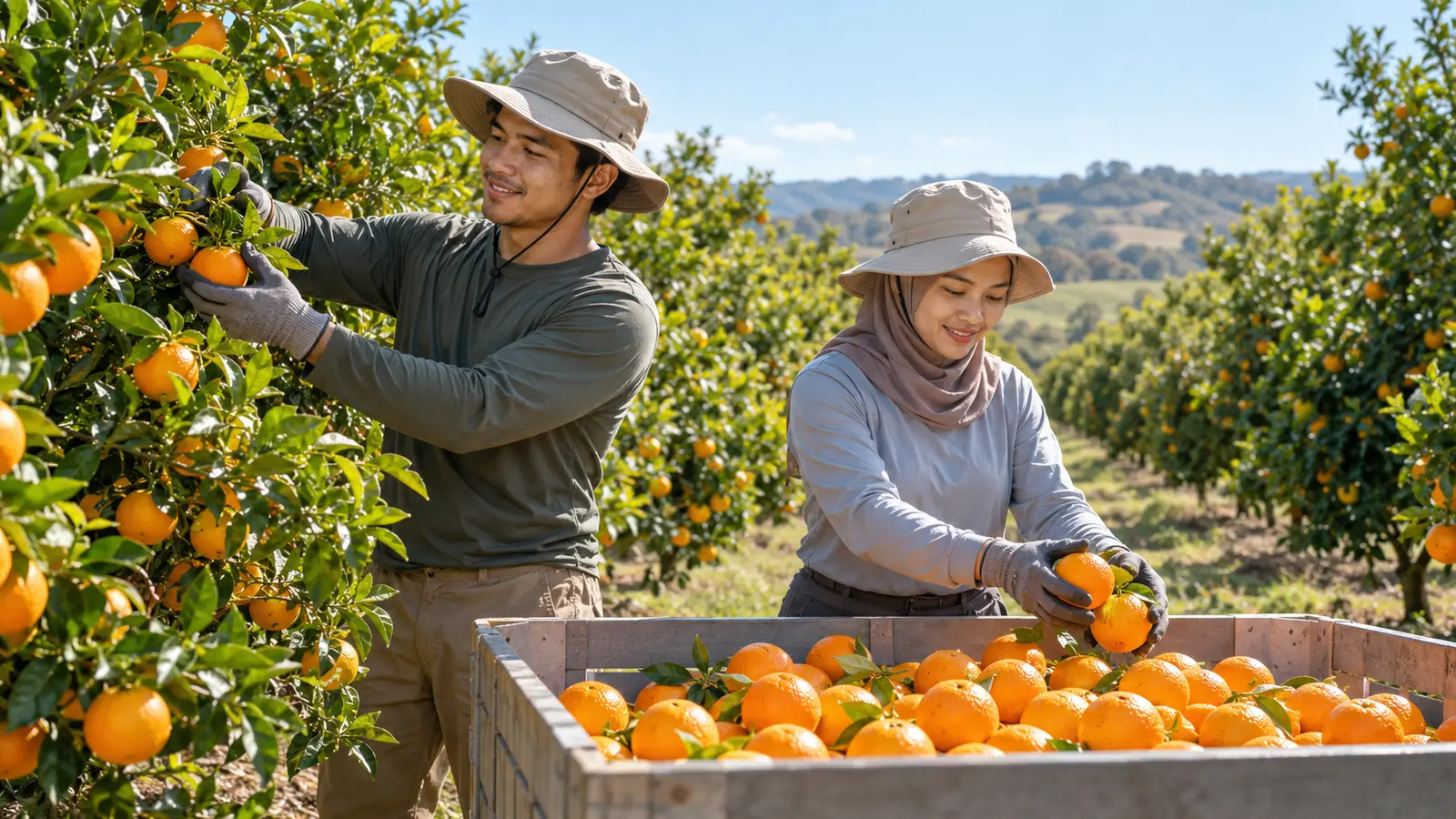 Two young Malaysian workers in sun hats pick oranges into a wooden bin in a sunny Australian orchard.