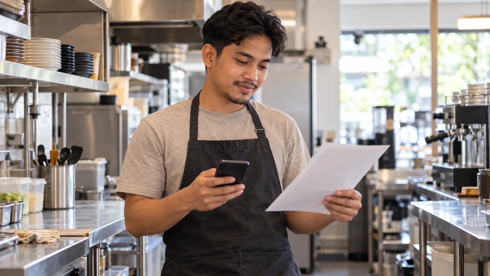 Malaysian cafe worker in a Brisbane kitchen comparing a paper roster with his phone during a break.