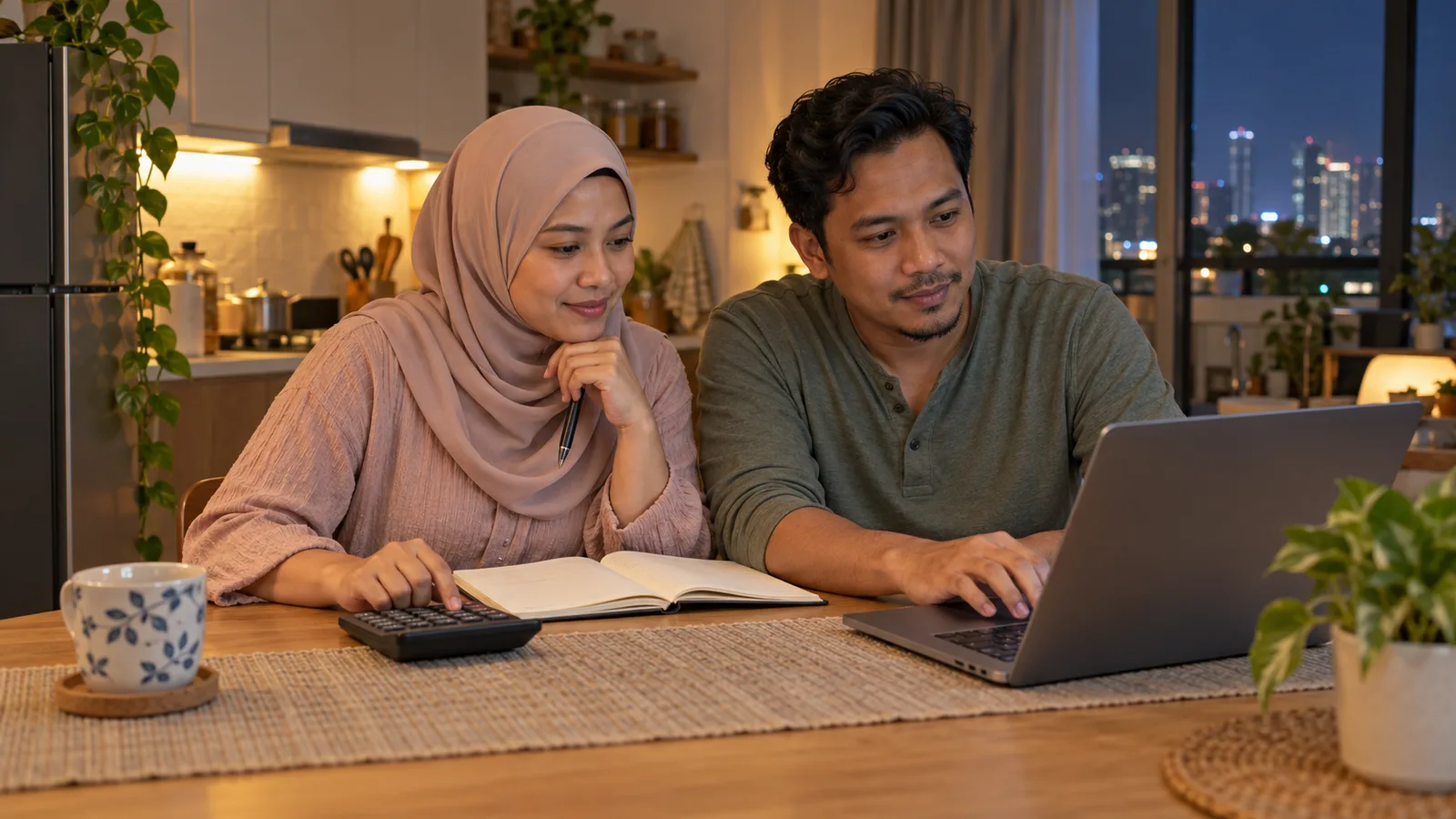 Malaysian couple planning a family budget at a kitchen table with a laptop, calculator and notebook in warm evening light.
