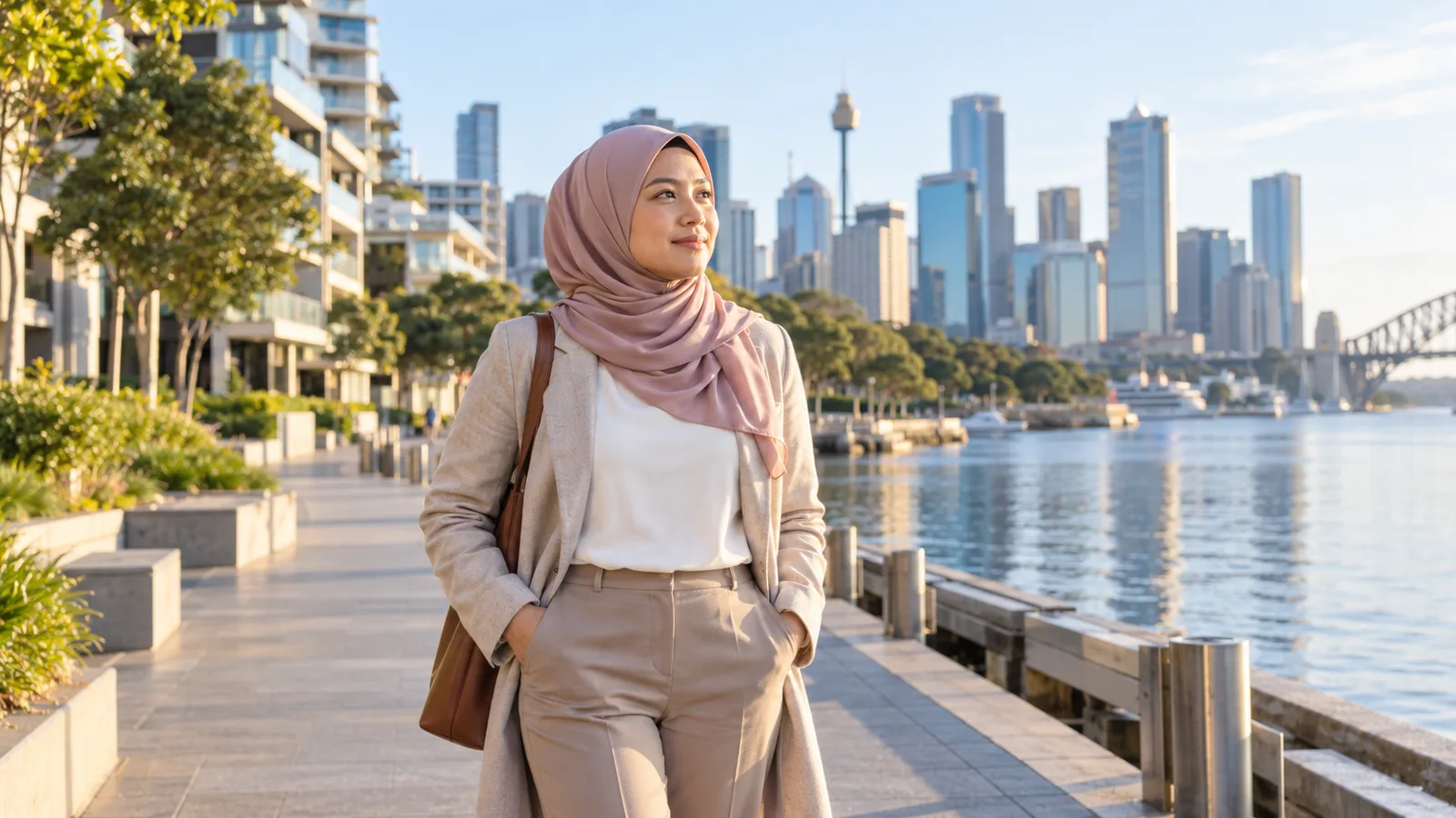 A Malaysian professional stands beside Sydney Harbour with apartments and the city skyline behind her.