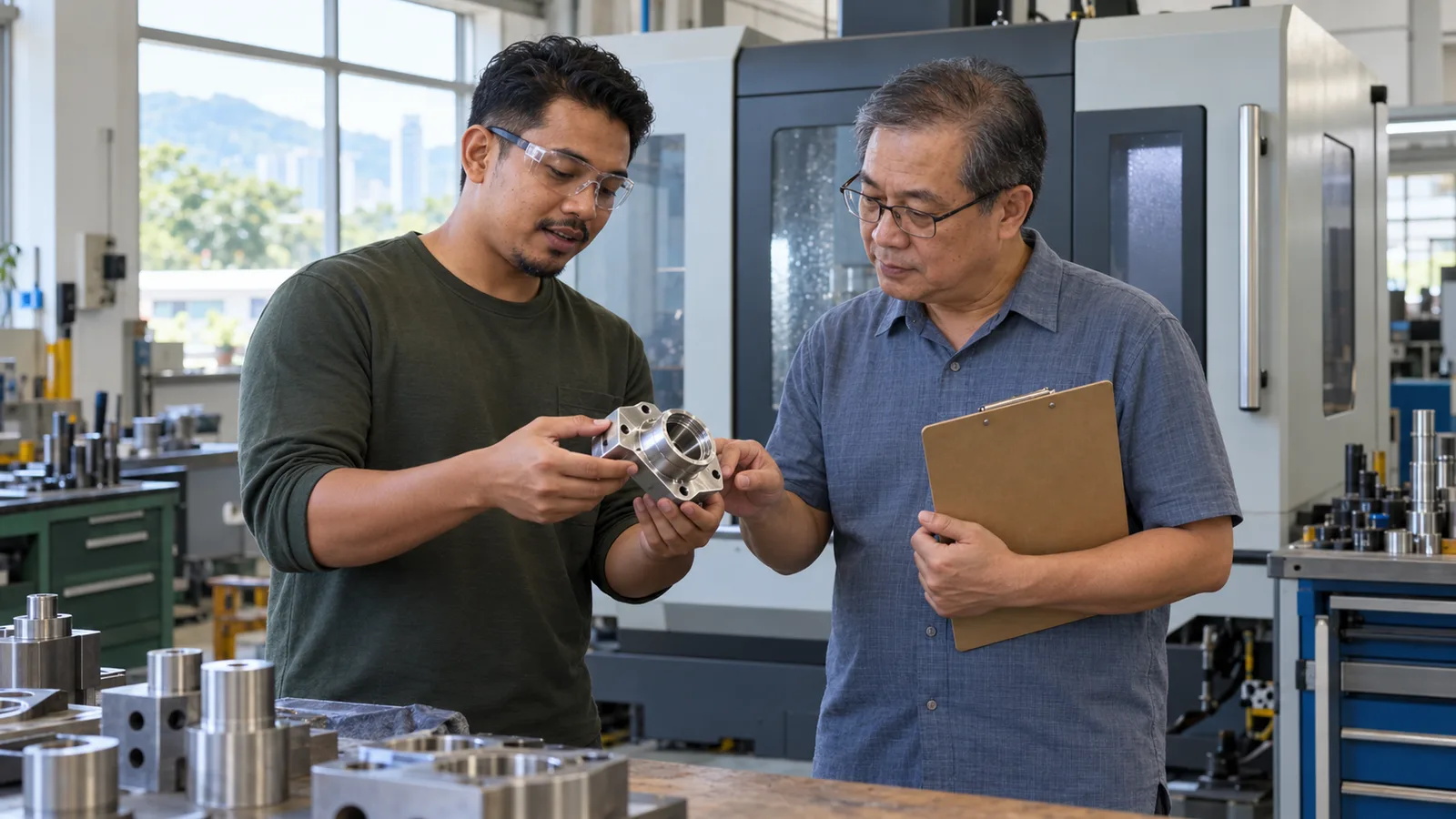 Malaysian machinist showing a finished metal part to an older assessor holding a clipboard in a CNC workshop.
