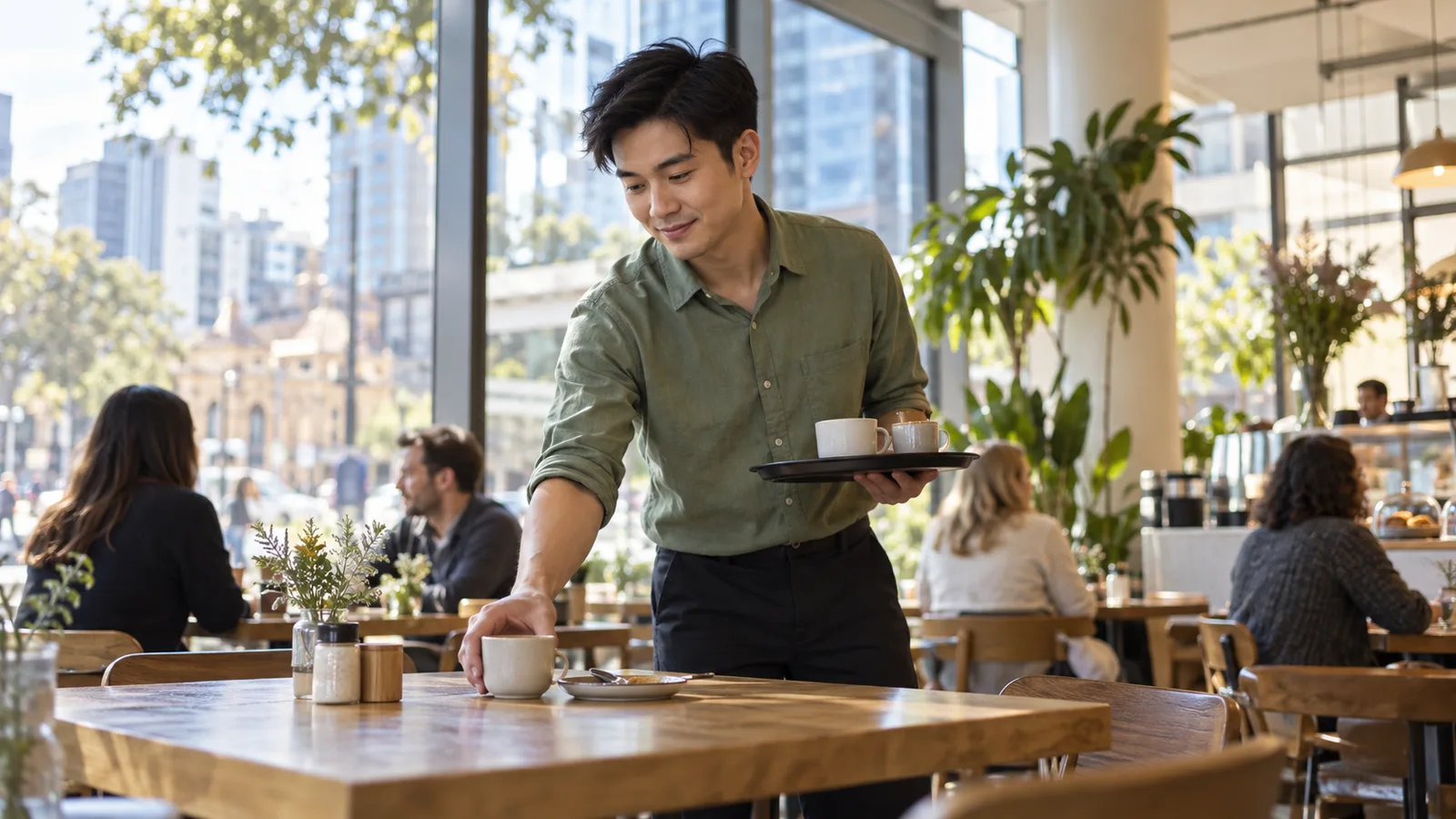 A Malaysian graduate clears cups from a table in a sunlit Australian café.