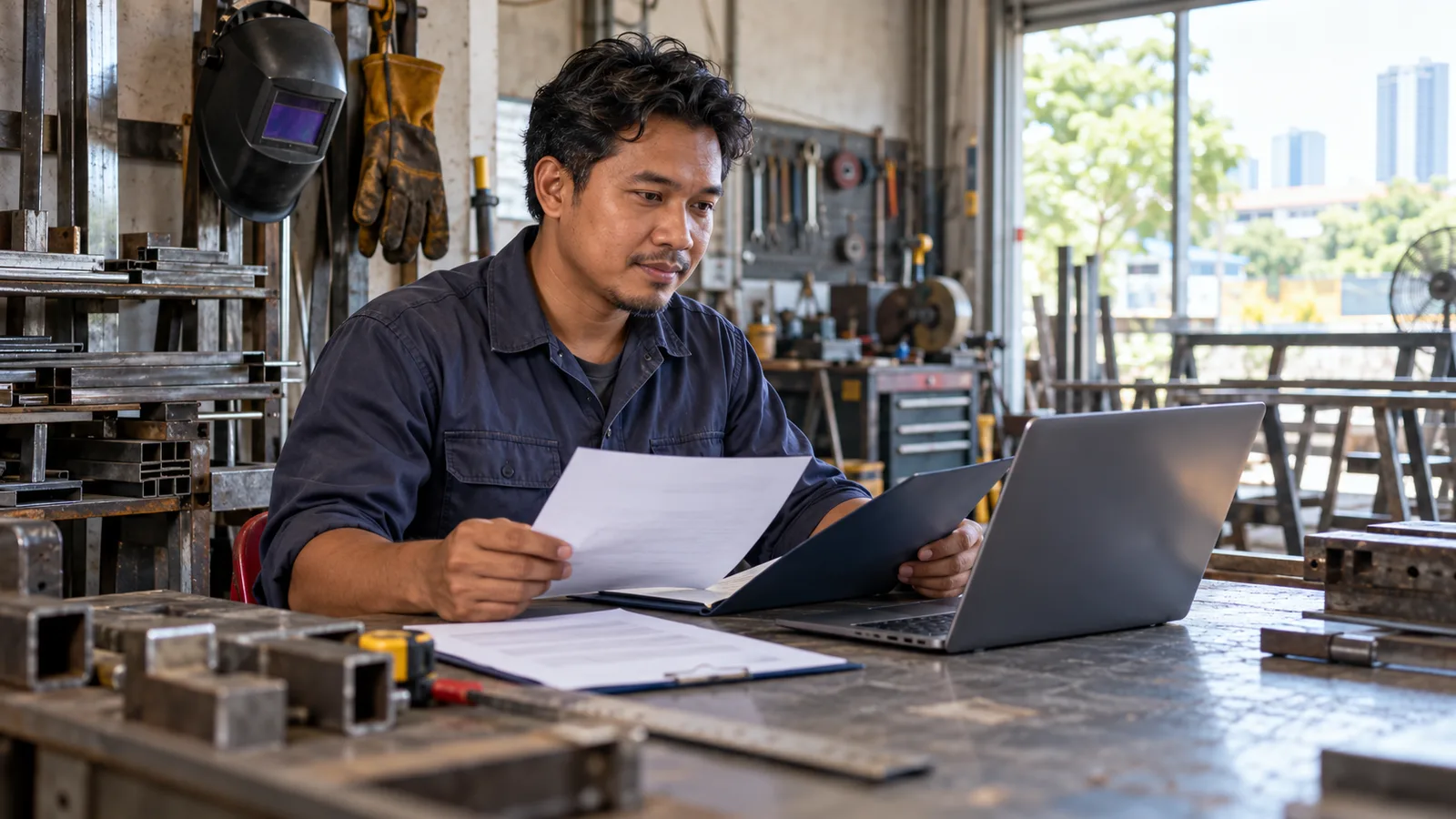 Malaysian welder reviews his CV and certificate folder beside a laptop at a workshop bench.