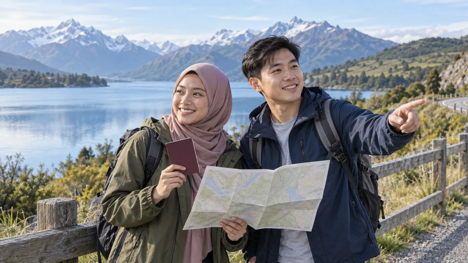 Two young Malaysian travellers with daypacks beside a New Zealand lake, one holding a passport and a map.
