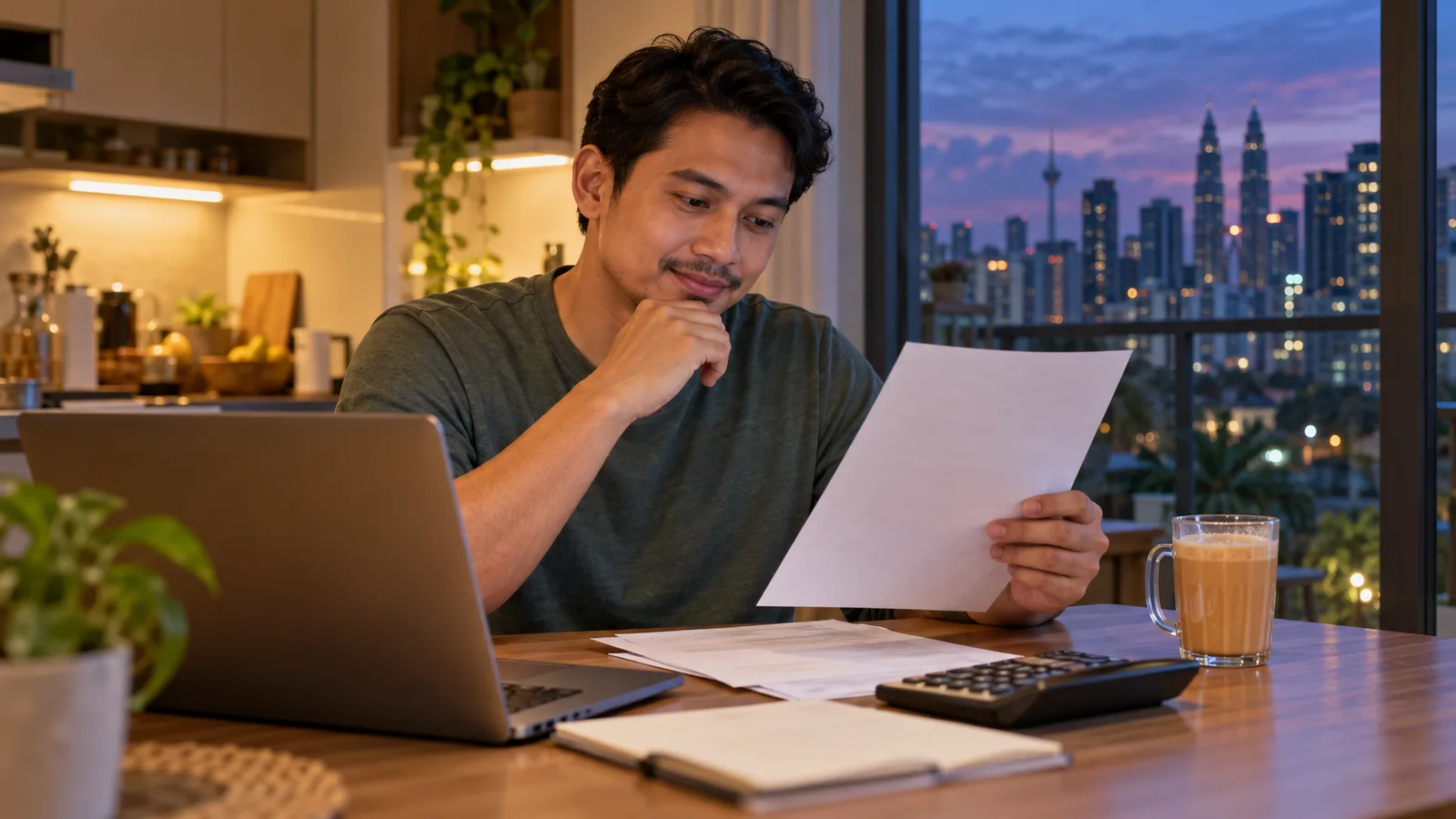 Malaysian man reviews a job offer beside a laptop, calculator and teh tarik at home in Kuala Lumpur.