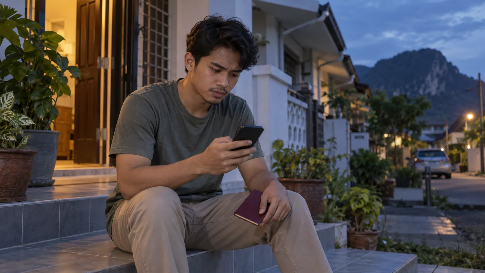 A young Malaysian man checks his phone on his home's steps at dusk, with a passport resting on his knee.