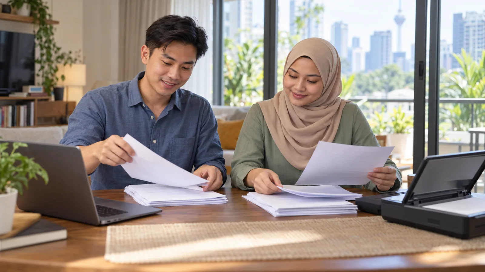 Two Malaysians sort documents into neat piles beside a laptop and scanner at a wooden table in a bright apartment.