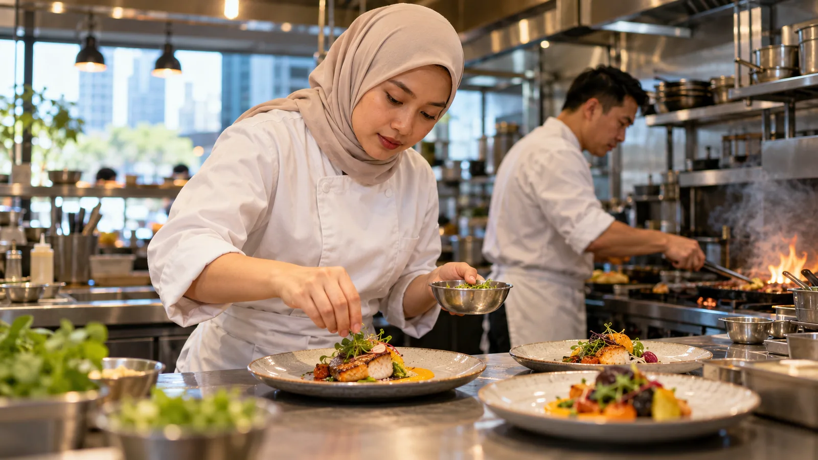A Malaysian chef in a hijab plates a dish while her colleague works the grill in a Melbourne restaurant kitchen.